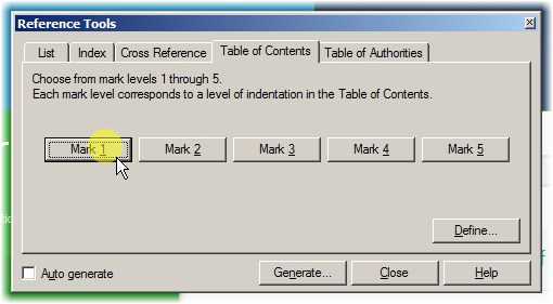 Select correct level for the Table of Contents
